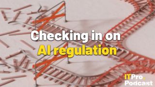 The words ‘Checking in on AI regulation’ with ‘AI regulation' highlighted in yellow and the other words in white, against a slightly-blurred image of a model trainset with red tracks.