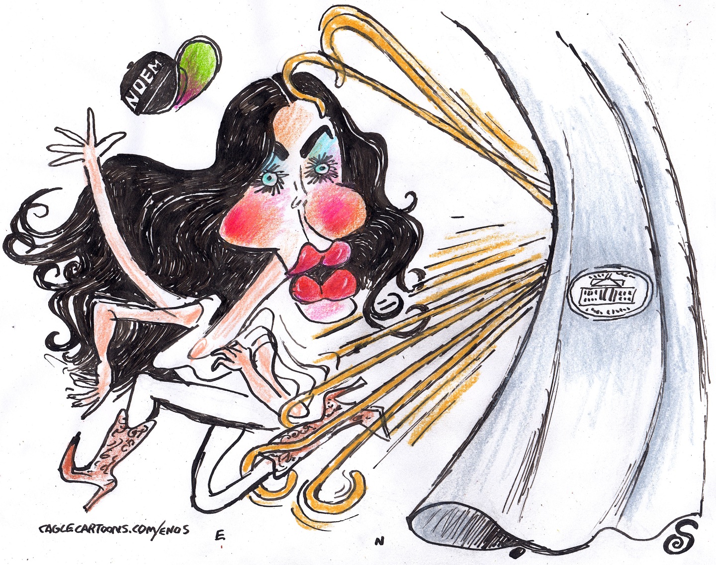 This cartoon depicts Kristi Noem as a showgirl on a stage. She wears cowboy boots and has giant red lips. A cane comes from behind a White House-labeled curtain and drags her off the stage.