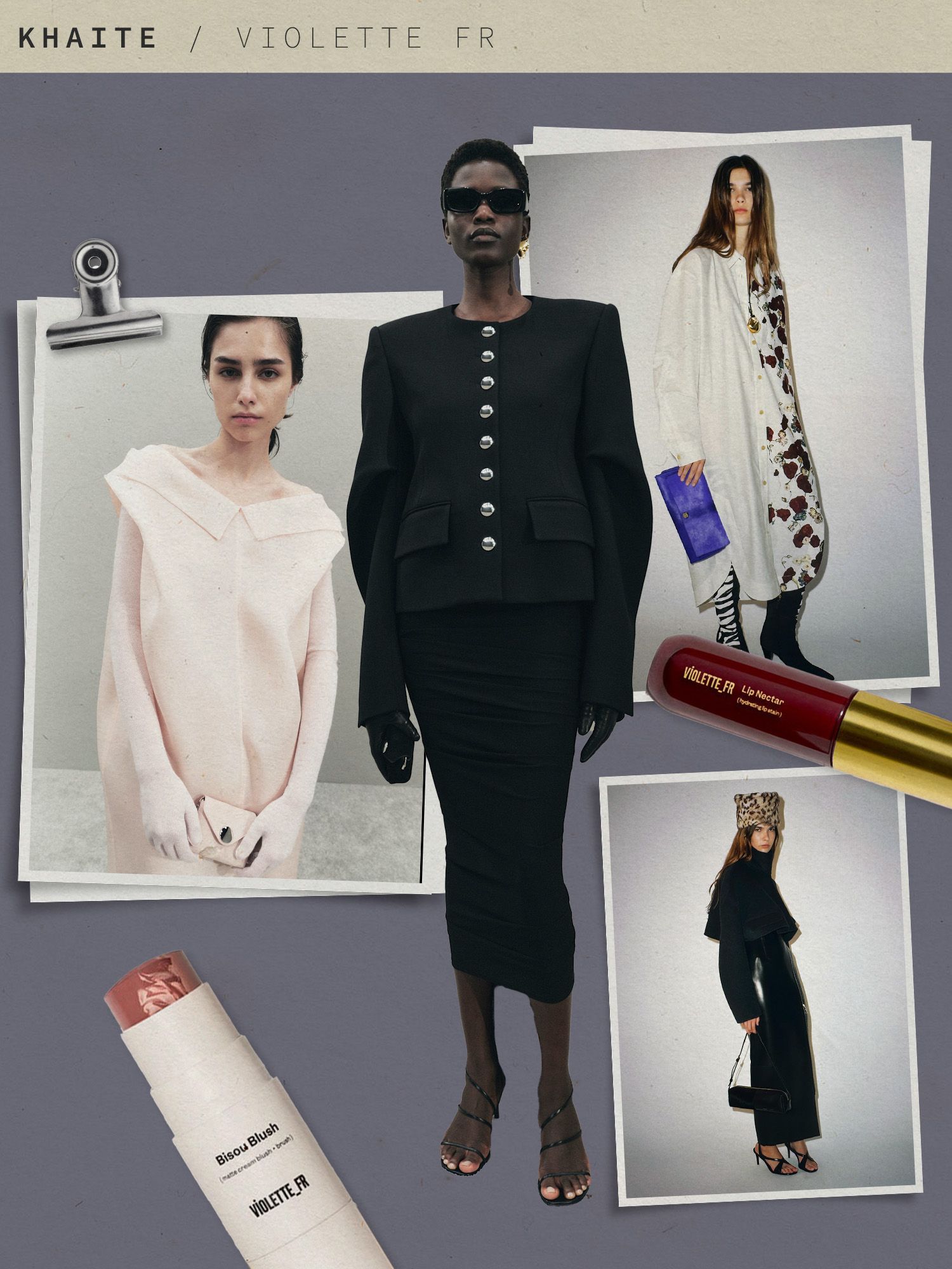 A collage of backstage images at Khaite runway shows with cutouts of Violette_FR beauty products overlaid.