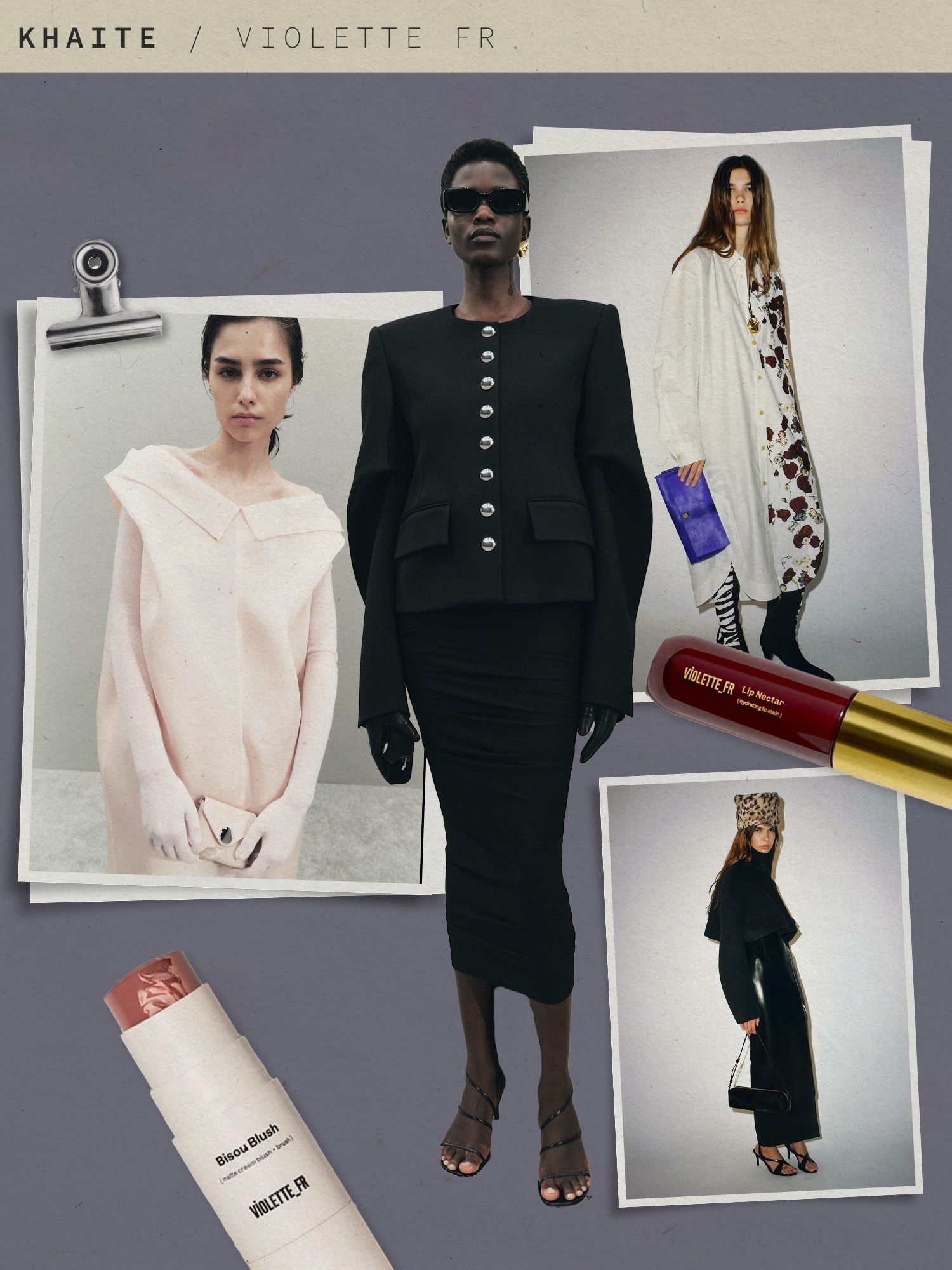 A collage of backstage images at Khaite runway shows with cutouts of Violette_FR beauty products overlaid.