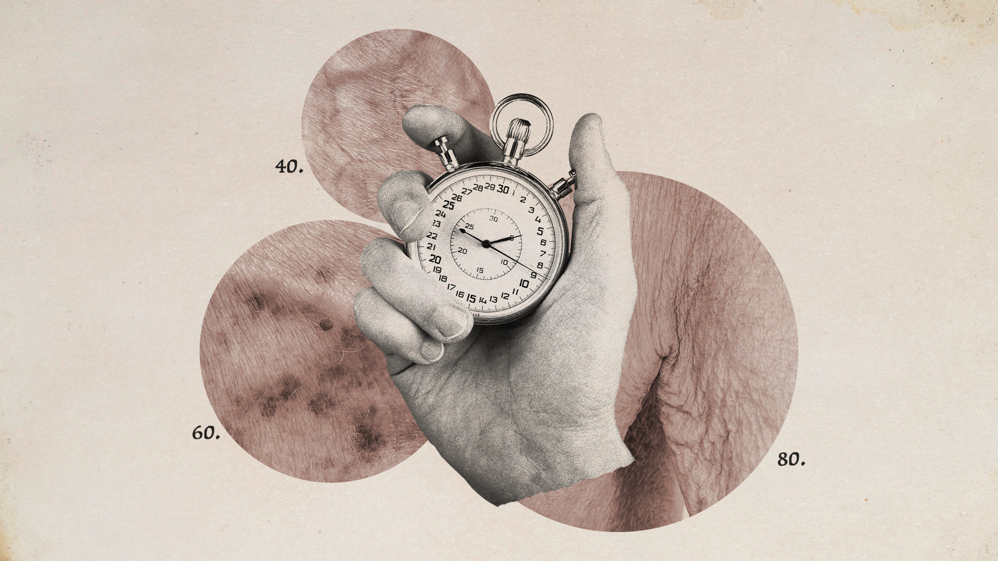 Photo collage of a hand holding a stopwatch, on the background of visibly aged skin
