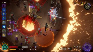 A very busy battle in 33 Immortals has multiple players and enemies on screen with lots of attack effects and attack markers on the ground, and a stacked bar of perks onthe left of the screen