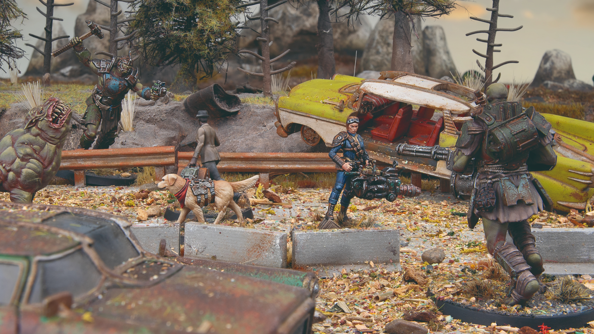 A Vault-Dweller and a man in a suit are surrounded by Super Mutants
