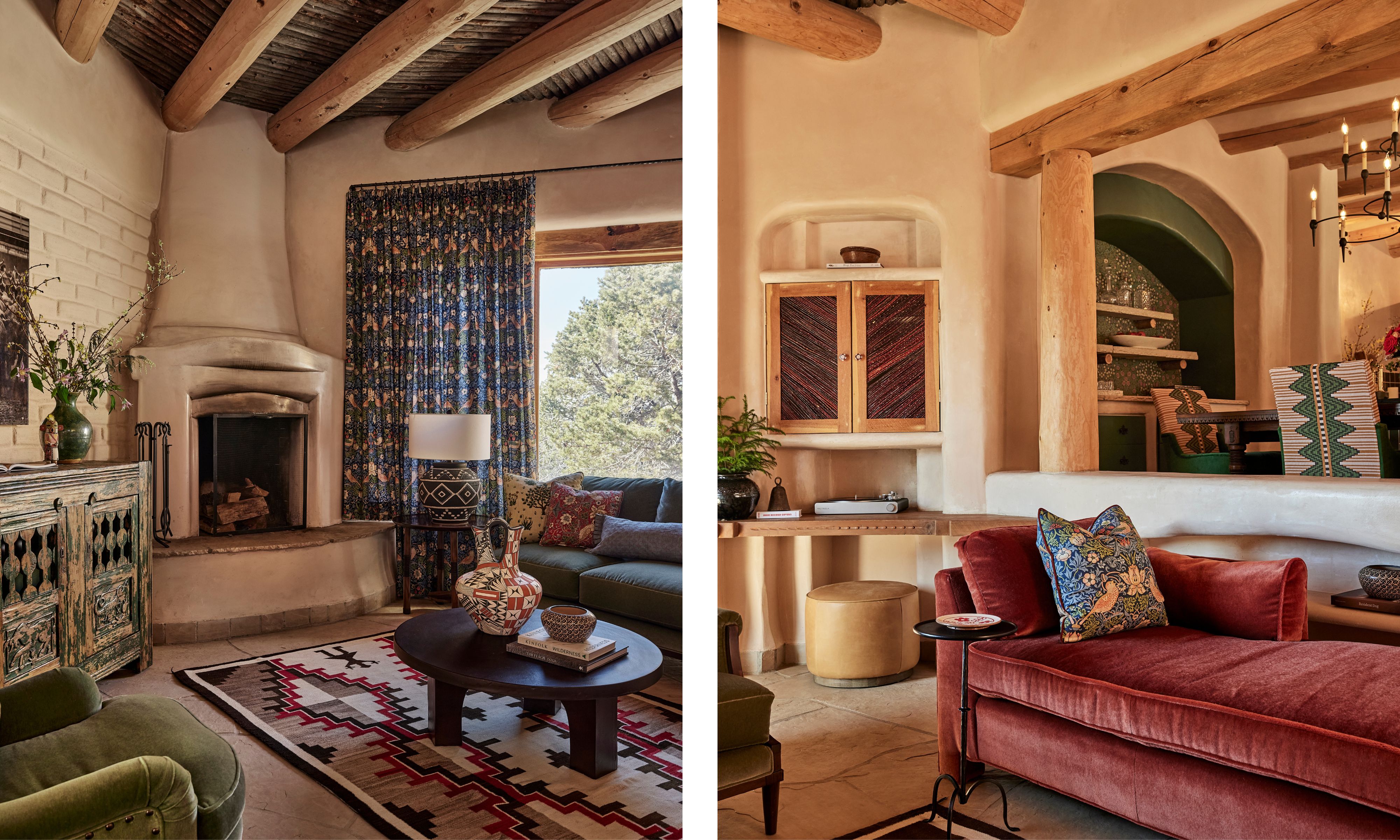 two side by side images of a large santa fe open plan living area with stone fireplace and wooden beamed ceiling