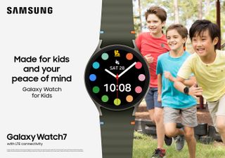 A promotional image showing kids running, one wearing a Galaxy Watch 7 LTE, with a render of the Galaxy Watch 7 superimposed next to it. To the left, text reads "Made for kids and your peace of mind. Galaxy Watch for Kids. Galaxy Watch 7 with LTE connectivity."