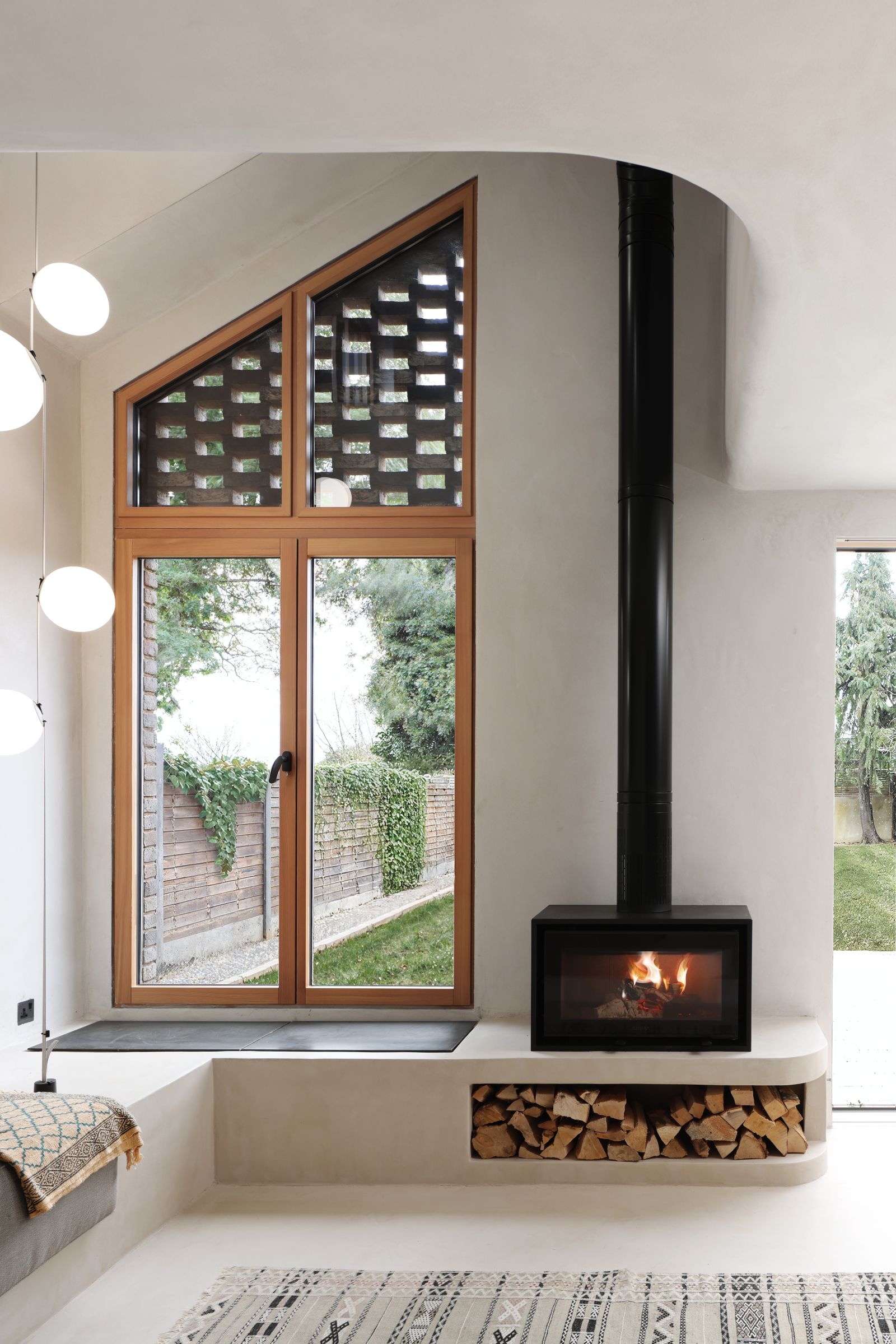 A fire burner in a room with high ceilings