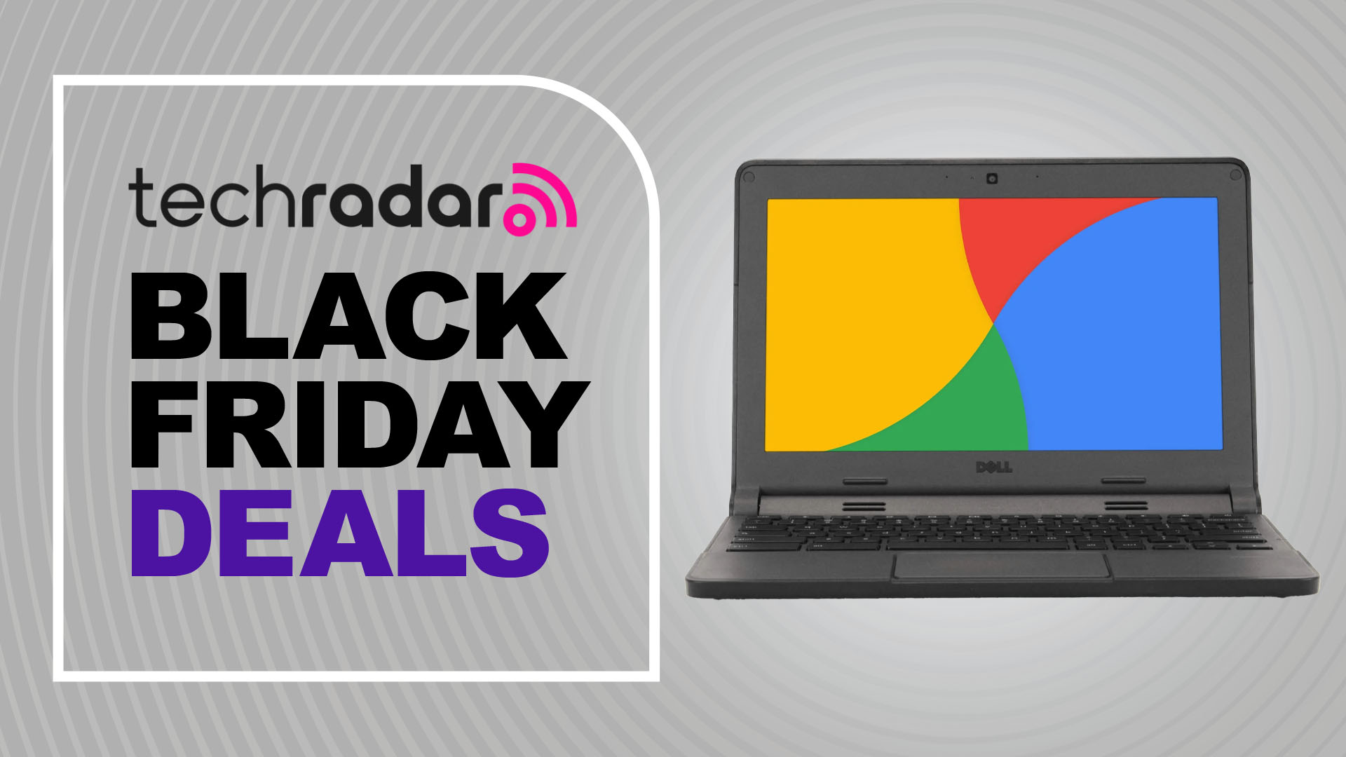 A Dell Chromebook 3120 against a gray TechRadar Black Friday deals background
