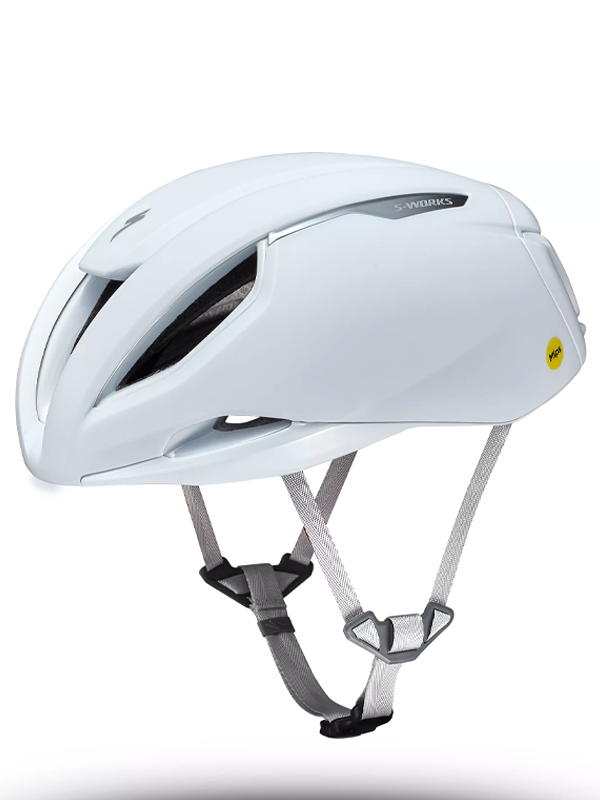 A white Specialized Evade helmet