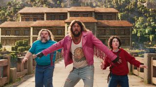 (L-R) Jack Black as Steve, Sebastian Hansen as Henry and Jason Momoa as Garrett Garrison in "A Minecraft Movie"