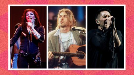 an image of from L-R Kate Bush, Kurt Cobain, and Nine Inch Nails spliced together against a pink patterned background