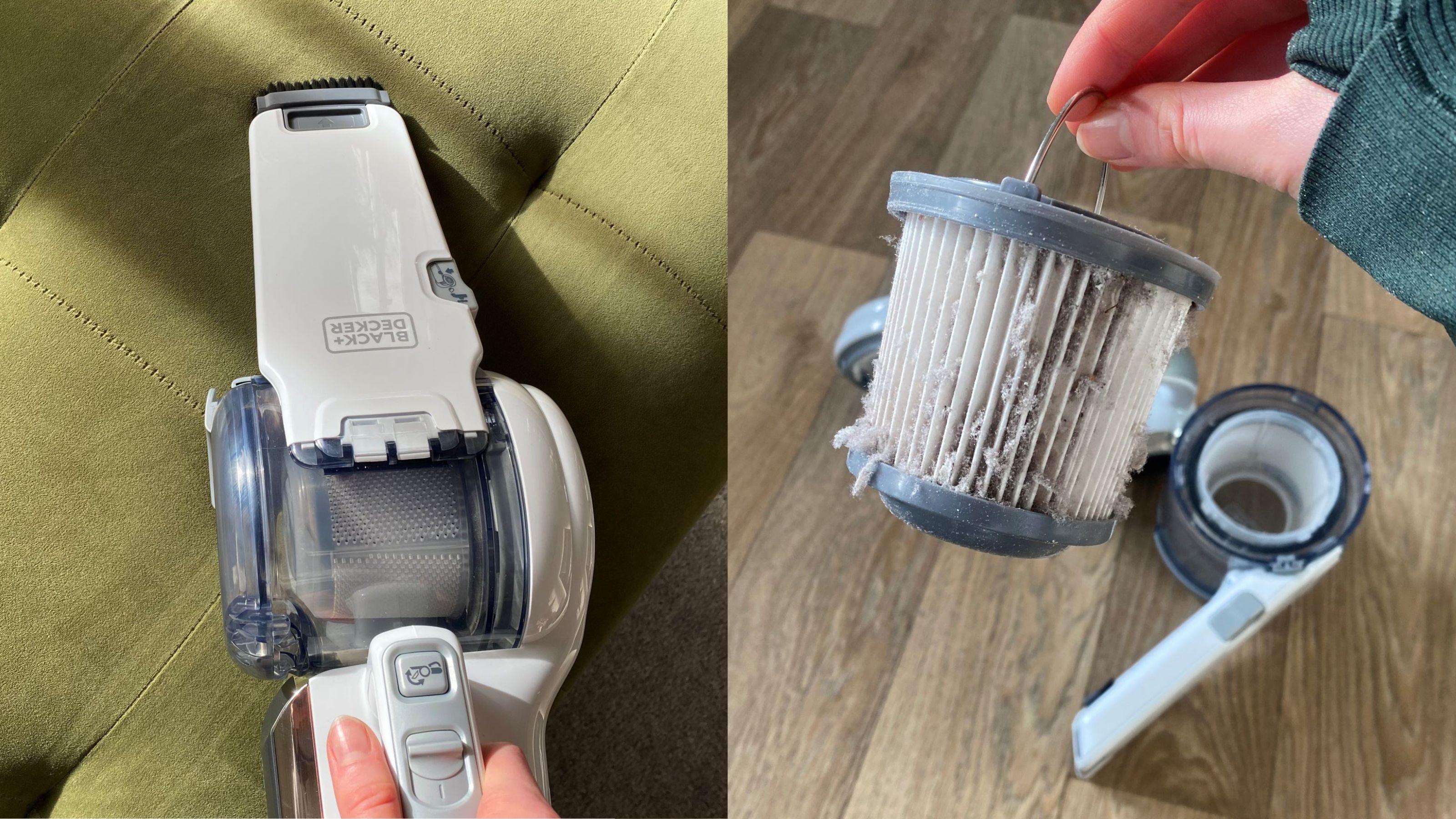 Split image of using the BLACK + DECKER dustbuster handheld vac on a green ottoman, and another of a hand holding the duster vacuum filter