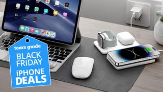 3-in-1 wireless charger with Tom's Guide best iPhone deals badge nearby.