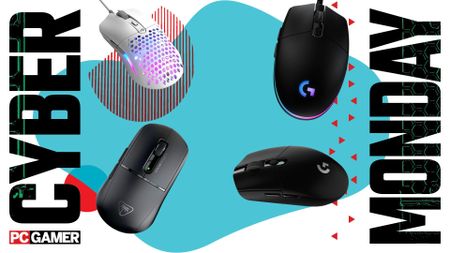 Glorious, Logitech, and Turtle Beach gaming mice on a blue Cyber Monday background