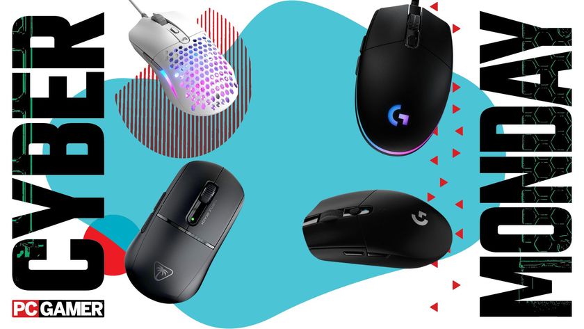 Glorious, Logitech, and Turtle Beach gaming mice on a blue Cyber Monday background