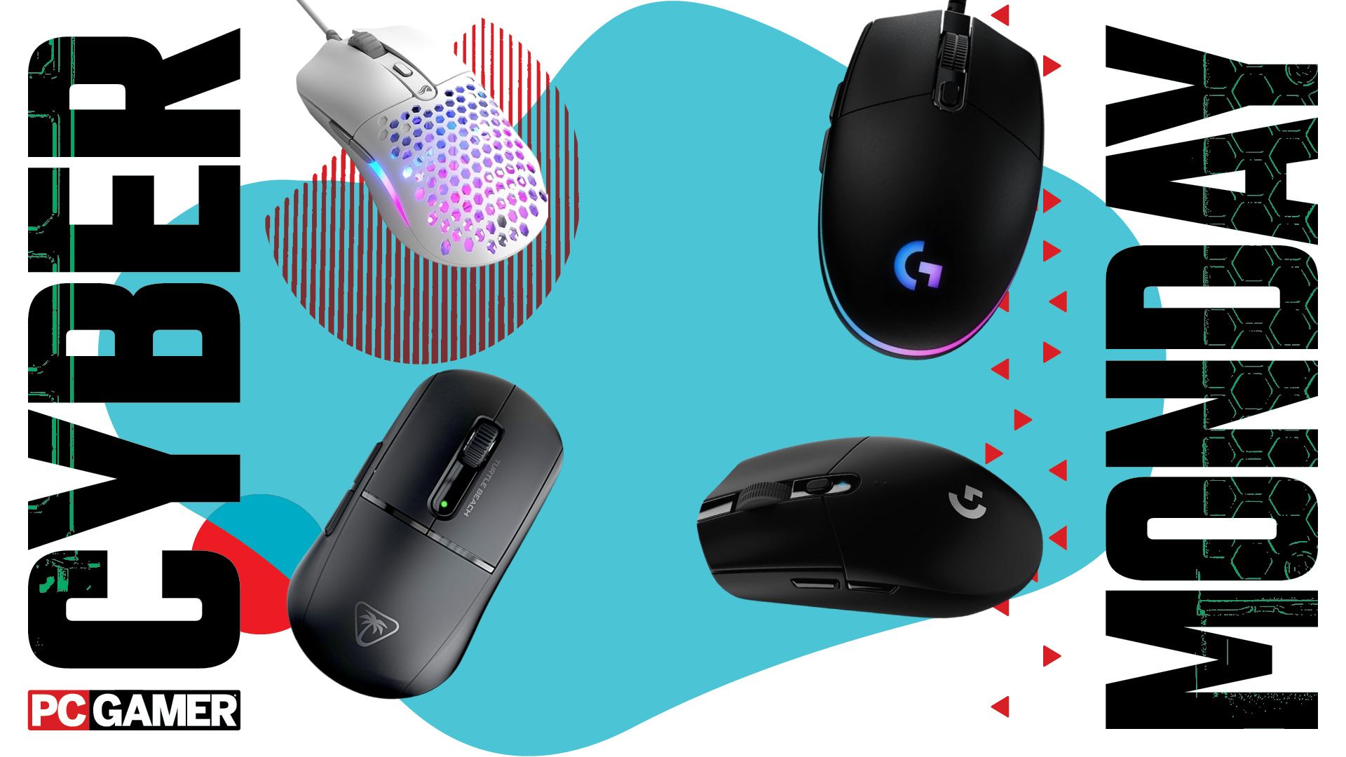 Glorious, Logitech, and Turtle Beach gaming mice on a blue Cyber Monday background