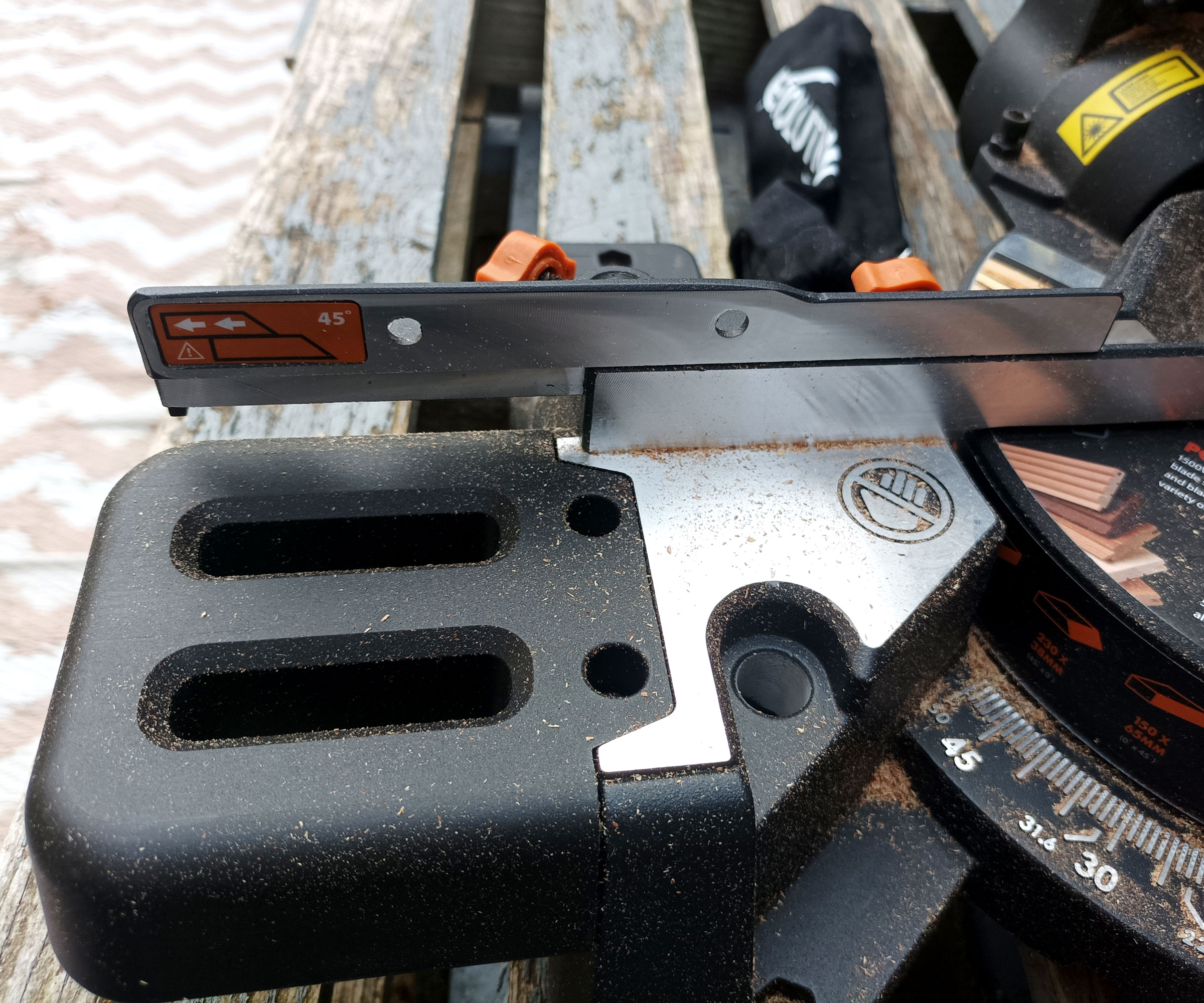 Close up of Evolution R210 SMS Plus mitre saw table extension