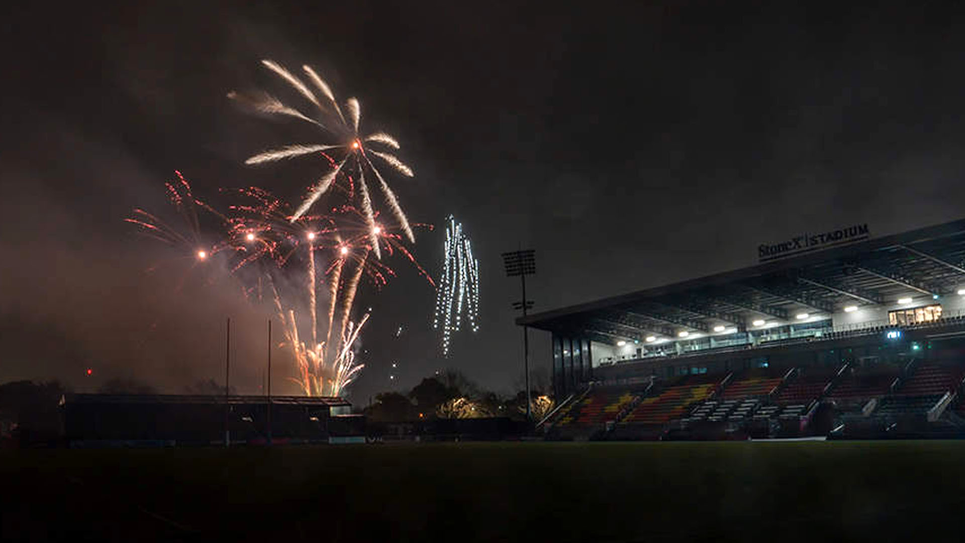 A photo of fireworks at the Saracens Stadium.