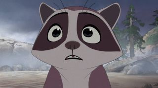 A baby raccoon looking afraid in Disney's Far From the Tree