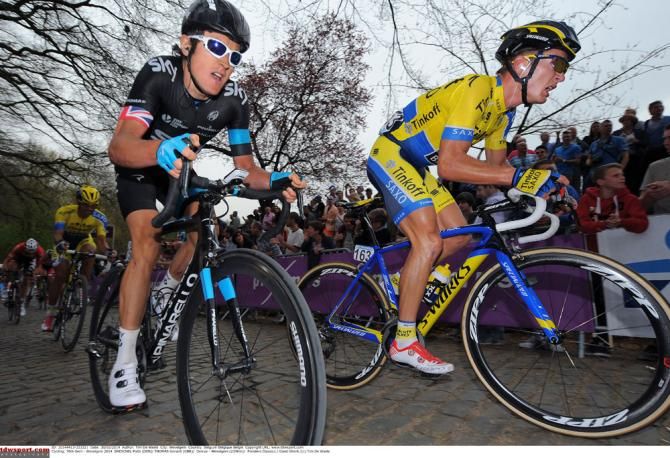 Geraint Thomas (Sky) and Matti Breschel (Tinkoff-Saxo) in action at Gent-Wevelgem