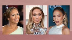 Collage of three vertical images of Jennifer Lopez set against a dark pink watercolour-style background