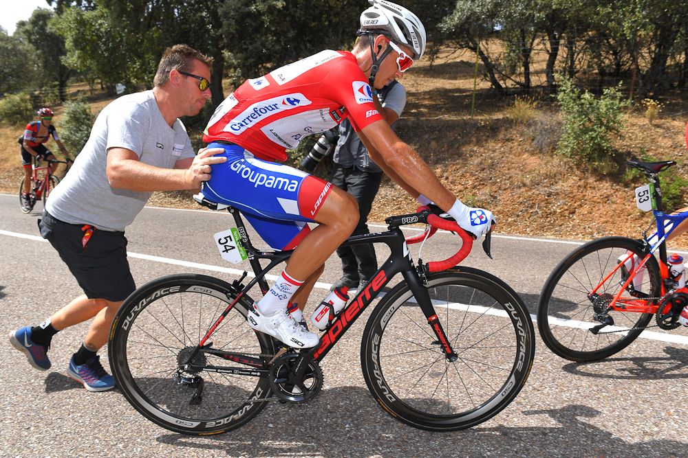 Rudy Molard is pushed back into action during stage 9 at the Vuelta