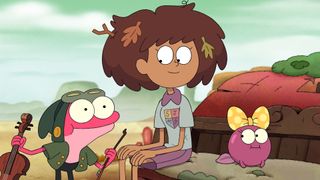 (L to R) Sprig standing and holding a violin next to Anne and Polly sitting on a log in the Amphibia episode The Ballad of Hopediah Plantar/Anne Hunter