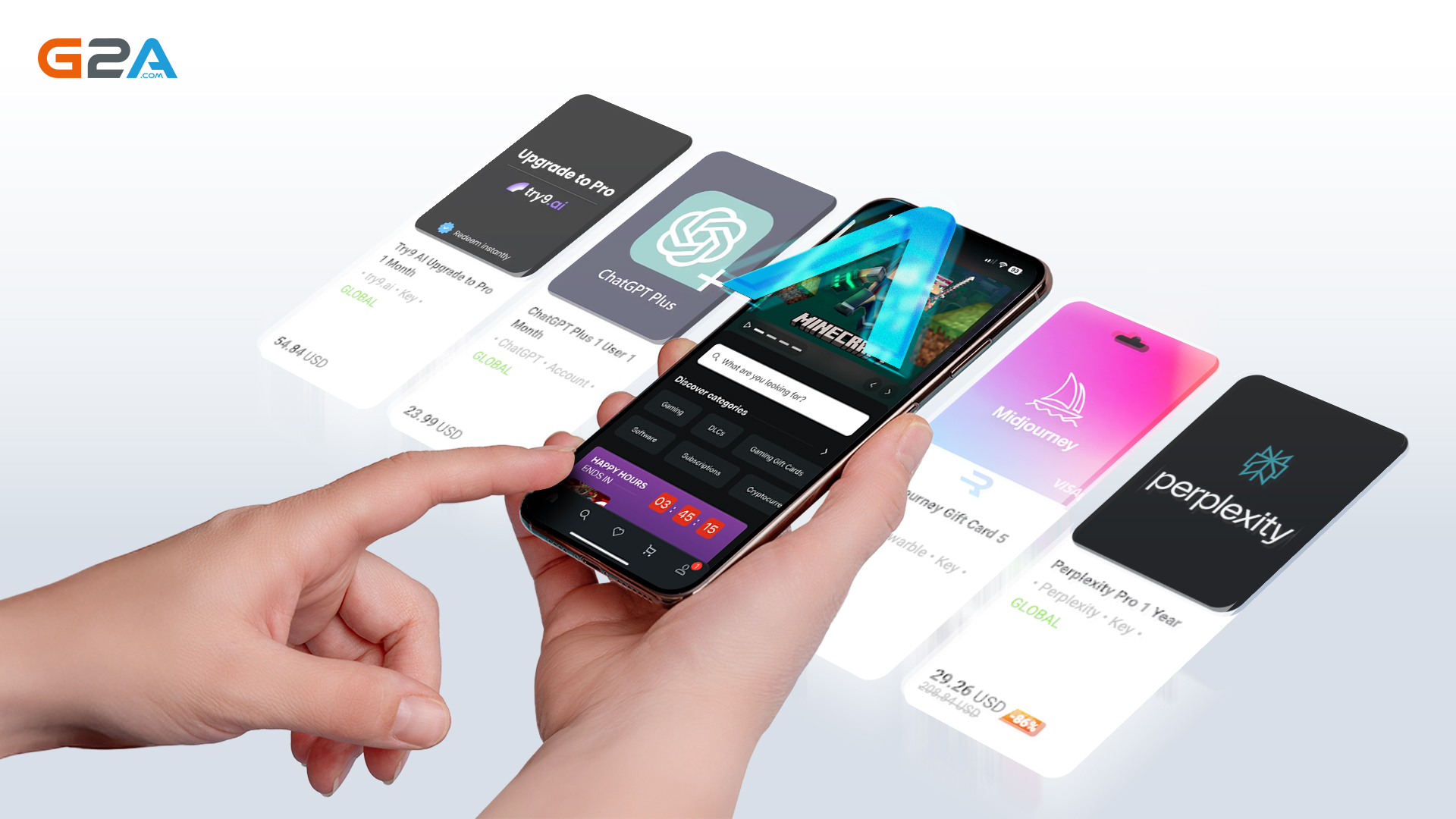 A person using their phone to order software on G2A.COM