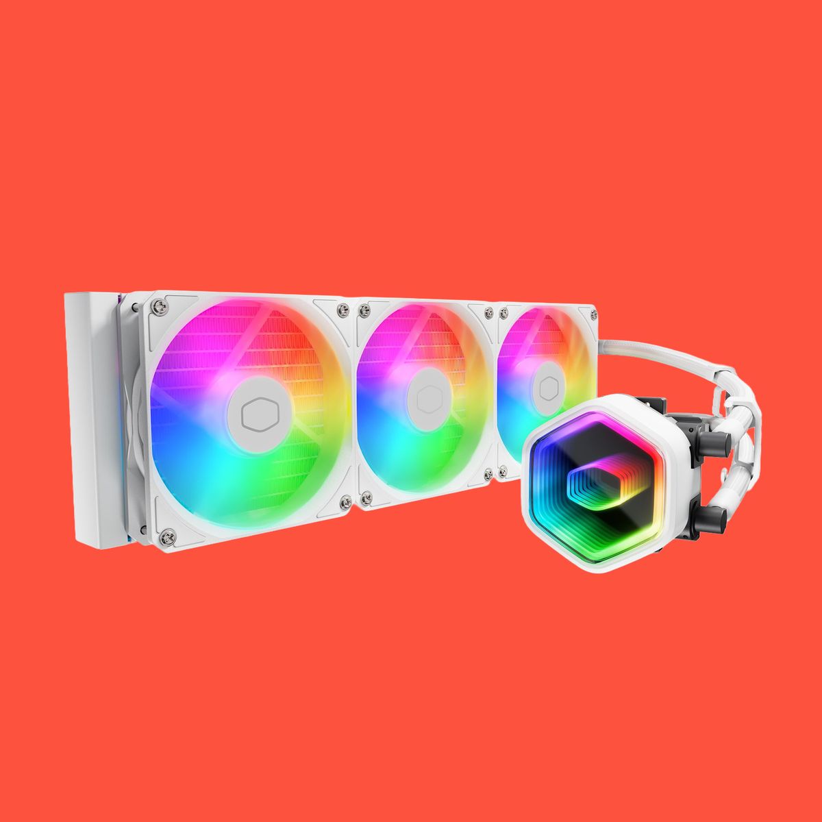 A liquid cooler on a colourful background.