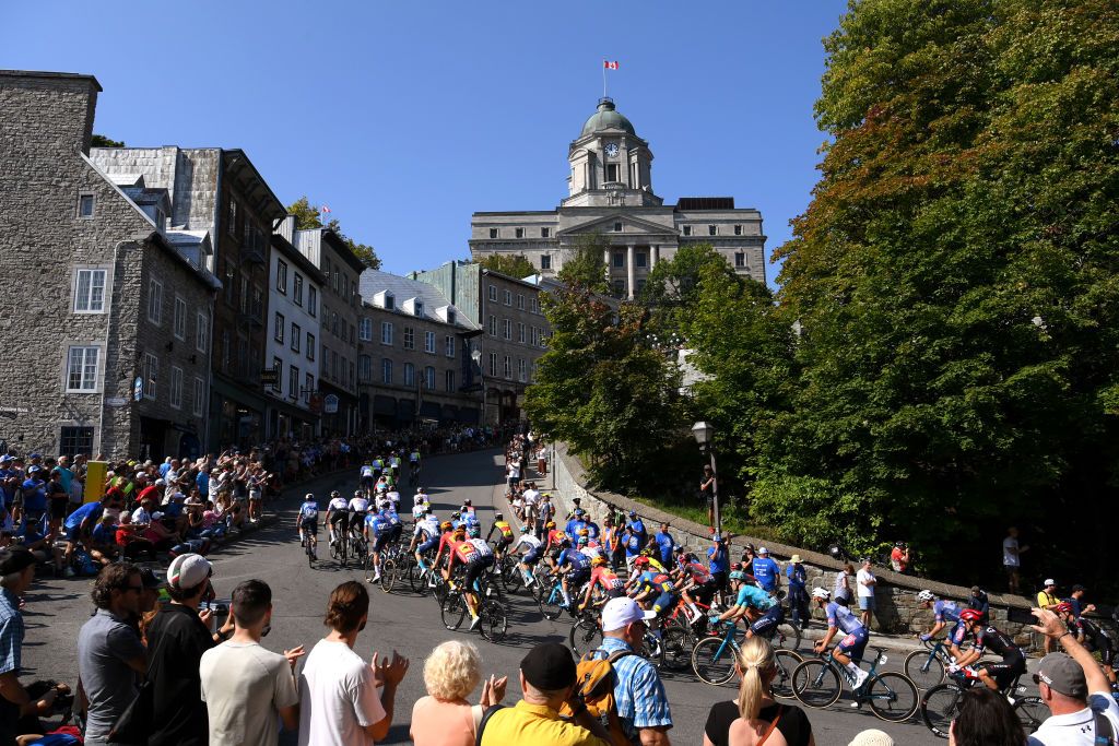 QUEBEC CITY QUEBEC SEPTEMBER 13 A general view of the peloton competing during the 13th Grand Prix Cycliste de Quebec 2024 a 2016km one day race from Quebec City to Quebec City UCIWT on September 13 2024 in Quebec City Quebec Photo by Alex BroadwayGetty Images