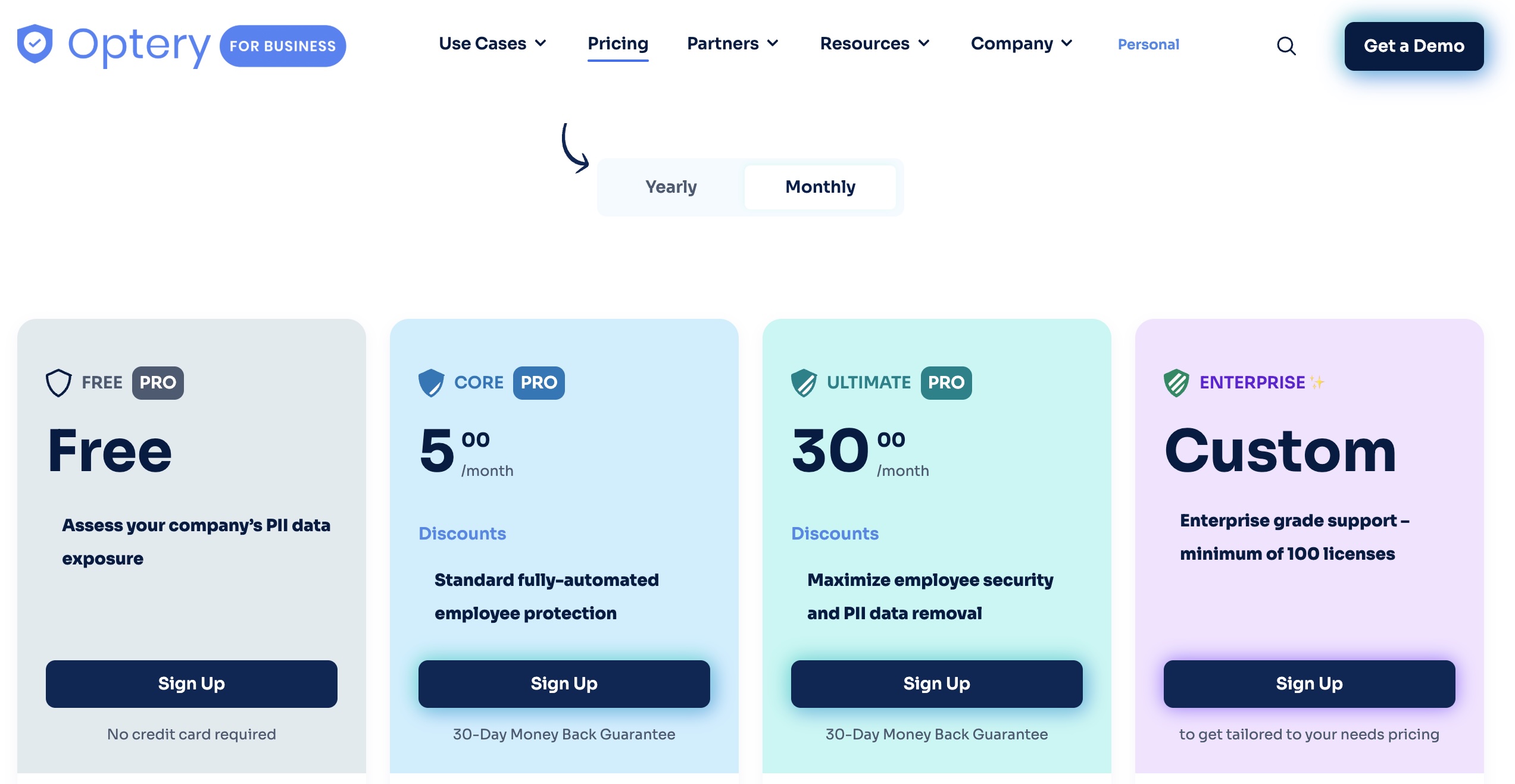 Optery business pricing, January 2026