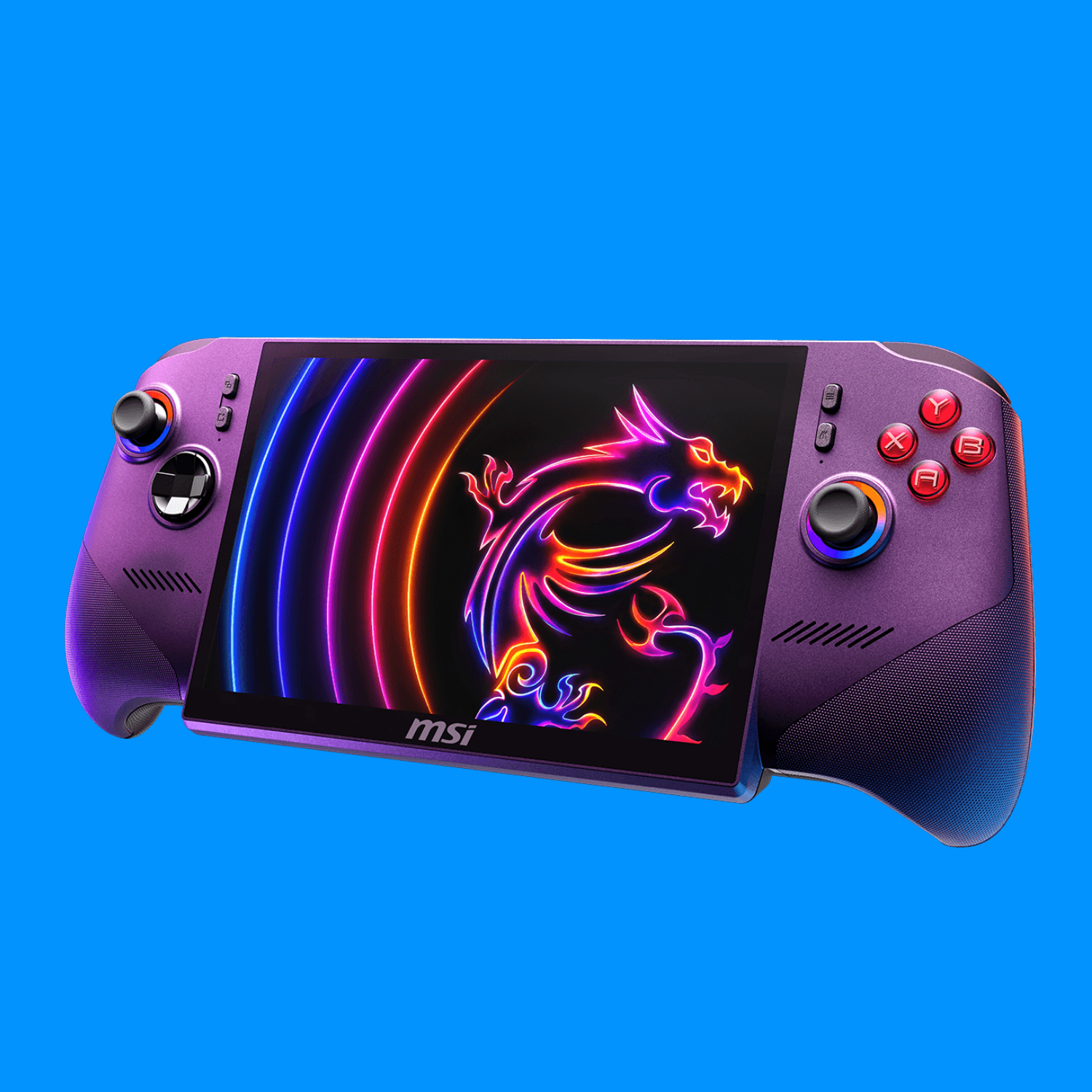 An MSI Claw 8 EX AI+ handheld gaming PC on a blue background