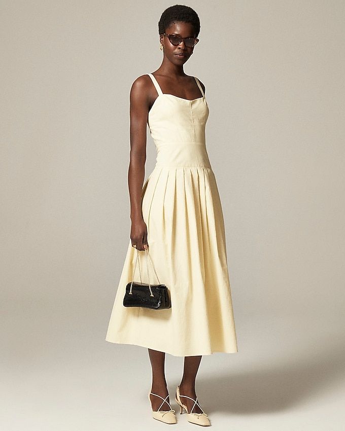 Pleated Drop-Waist Dress in Crinkle Cotton Blend