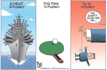 Political cartoon US Trump North Korea Kim Jong Un diplomacy yo-yo nuclear summit
