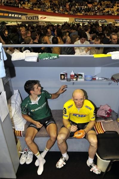 Kenny de Ketele and Steven Deneef take a break from racing at the Six Days of Gent