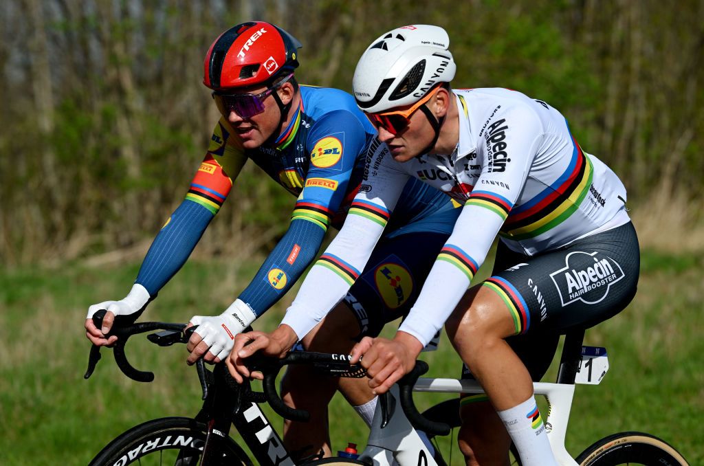 OUDENAARDE BELGIUM MARCH 31 LR Mads Pedersen of Denmark and Team Lidl Trek and Mathieu van der Poel of The Netherlands and Team Alpecin Deceuninck compete during the 108th Ronde van Vlaanderen Tour des Flandres 2024 Mens Elite a 2708km one day race from Antwerpen to Oudenaarde UCIWT on March 31 2024 in Oudenaarde Belgium Photo by Dario BelingheriGetty Images