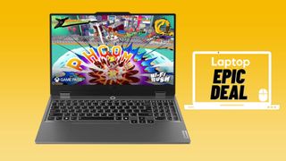 Lenovo LOQ gaming laptop against yellow gradient background.