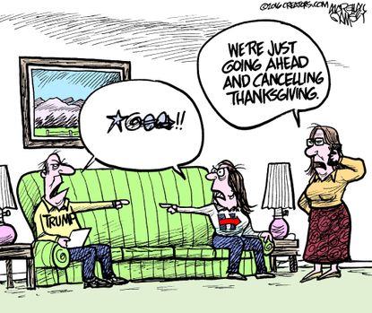 Editorial cartoon U.S. 2016 election voter conflict families Thanksgiving holiday