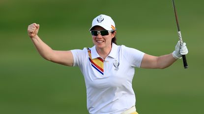 Leona Maguire celebrates chipping in at the 2023 Solheim Cup