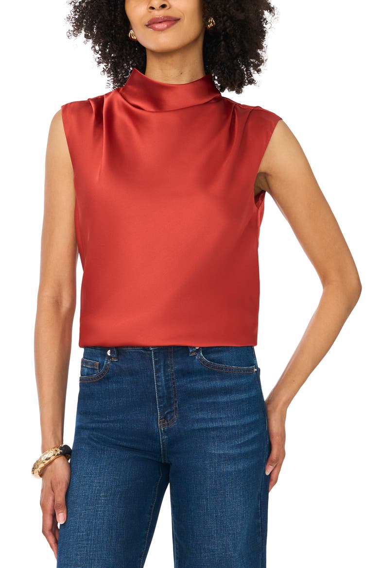 Mock Neck Sleeveless Satin Top