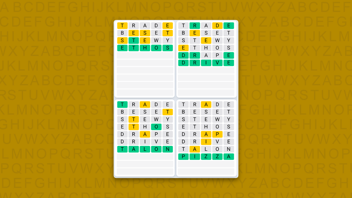 Quordle Daily Sequence answers for game 1643 on a yellow background