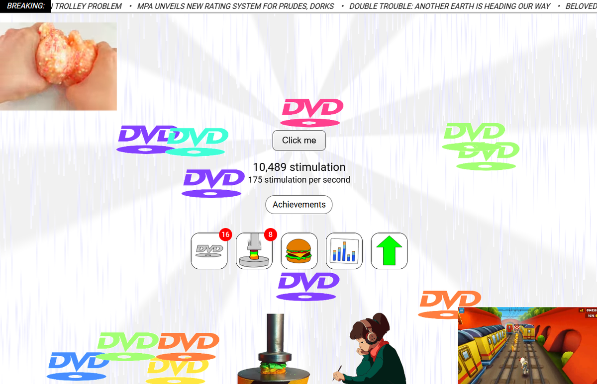 A screenshot of Stimulation Clicker. There are bouncing DVD logos and buttons to click and clips from multiple YouTube videos playing.