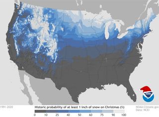 grey map of the unite states with shadings of blue to white on the northern half to indicate snowfall