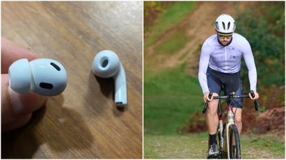 Male cyclist holding the Apple AirPod Pro 2s which are on a Black Friday 2023 deal