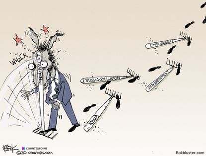 Political Cartoon U.S. Democrats rake Russia Iowa impeachment