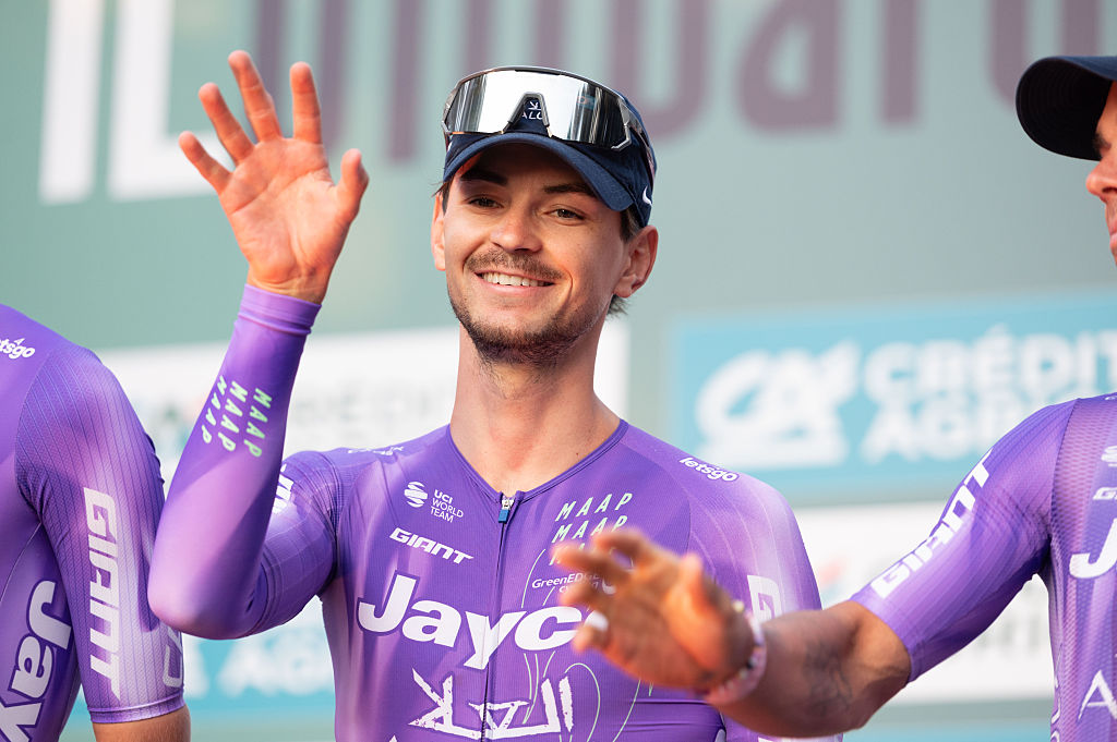 Alessandro Covi of Team Jaco Alula participates in the team presentation for the 120th edition of Il Lombardia in Bergamo, Italy, on October 9, 2026. (Photo by Silvia Colombo/NurPhoto)