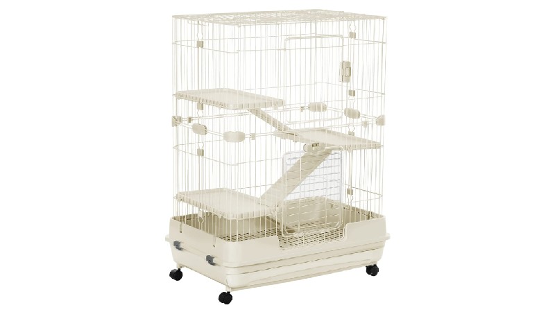 A white cage on wheels with a plastic base, with 3 different tiers connected by ramps.