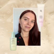Collage of brooke knappenberger selfie with swatches of sunscreen and cleansing oil on a skincare background