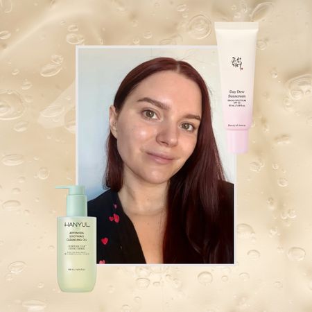 Collage of brooke knappenberger selfie with swatches of sunscreen and cleansing oil on a skincare background