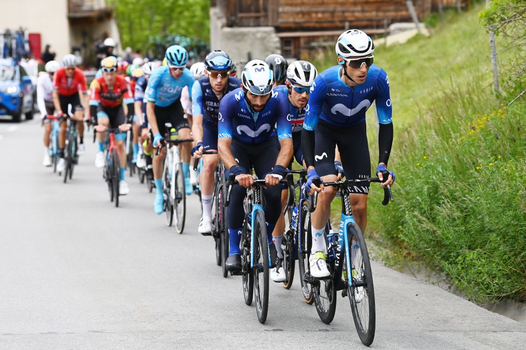 Derek Gee of Canada and Team Israel - Premier Tech, Fernando Gaviria of Colombia and Movistar Team, Davide Ballerini of Italy and Team Soudal - Quick Step and Carlos Verona of Spain and Movistar Team