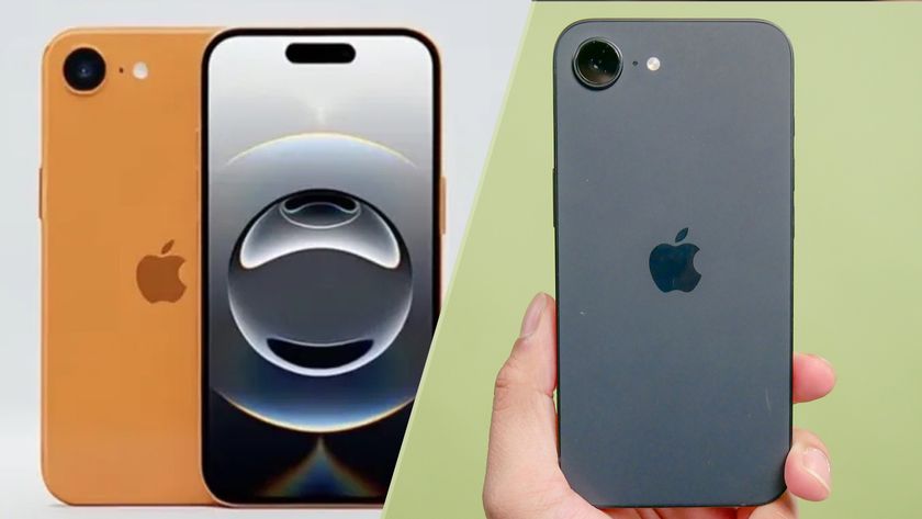 A split image with a rumor-based render of the iPhone 17e and a real-life photo of the iPhone 16e.
